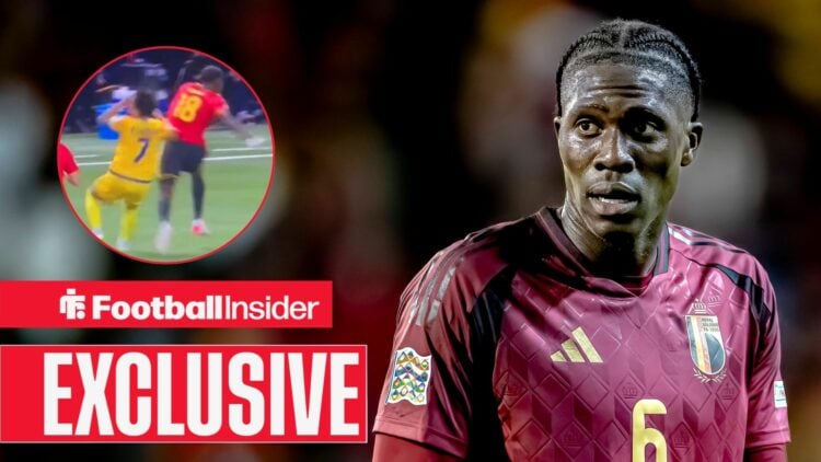 Amadou Onana playing for Belgium, Aston Villa star's challenge in a circular inset