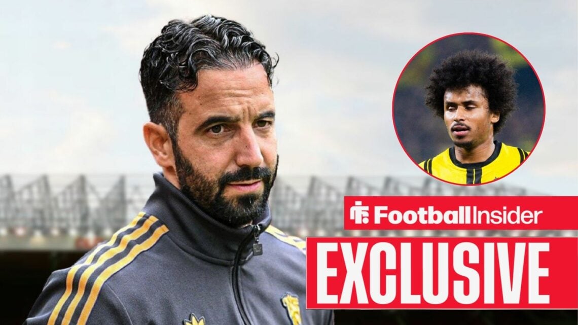 Ruben Amorim next to a circular inset of Karim Adeyemi