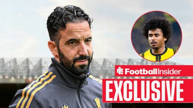 Ruben Amorim next to a circular inset of Karim Adeyemi