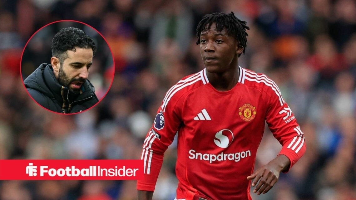 Ruben Amorim next to a circular inset of Kobbie Mainoo