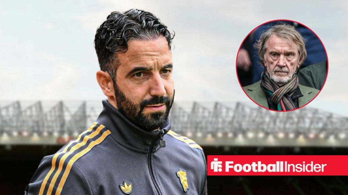 Ruben Amorim looking concerned with Sir Jim Ratcliffe and Jim Ratcliffe included in a circular inset