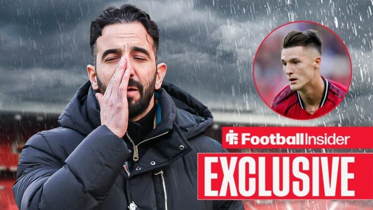 Ruben Amorim next to a circular inset of Benjamin Sesko