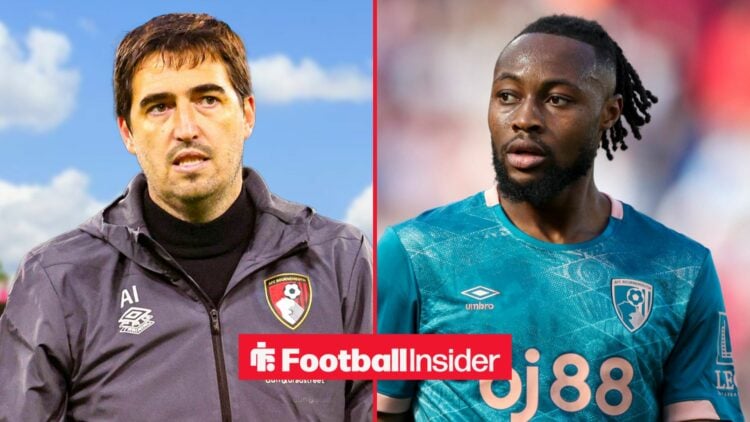 Andoni Iraola looking concerned with Antoine Semenyo in a Bournemouth shirt