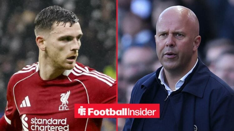 Andy Robertson in action for Liverpool, with Arne Slot on the sidelines