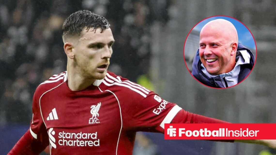 Andy Robertson in action for Liverpool, with Arne Slot in a circular inset