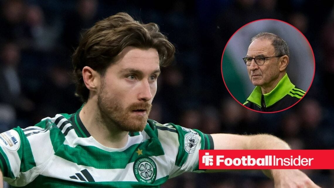 Anthony Ralston looking focused on the left for Celtic with Martin O'Neill on the right