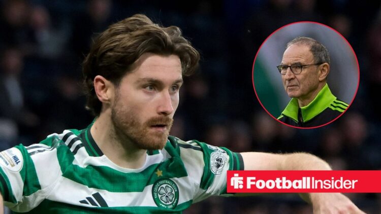 Anthony Ralston looking focused on the left for Celtic with Martin O'Neill on the right
