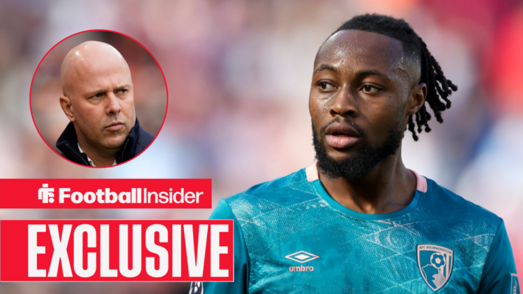 Bournemouth winger Antoine Semenyo, alongside a circular inset of Arne Slot