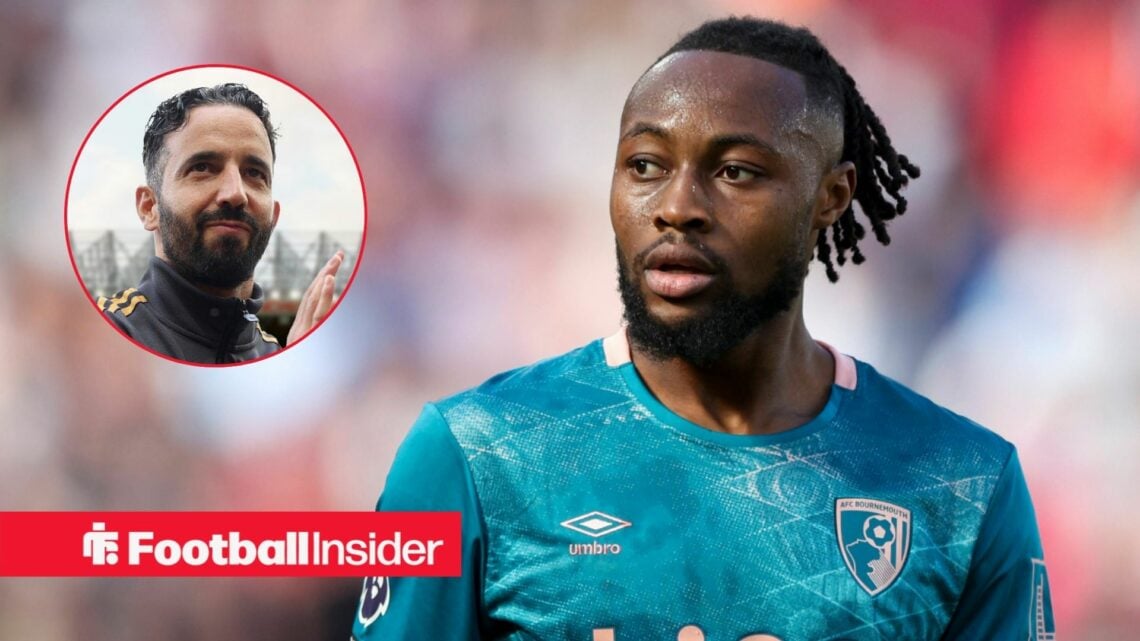 Antoine Semenyo in action during a game for Bournemouth, as Manchester United manager Ruben Amorim smiles in a circular inset.