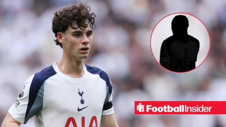 Archie Gray in a Tottenham kit, Randal Kolo Muani's silhouette in a circular inset