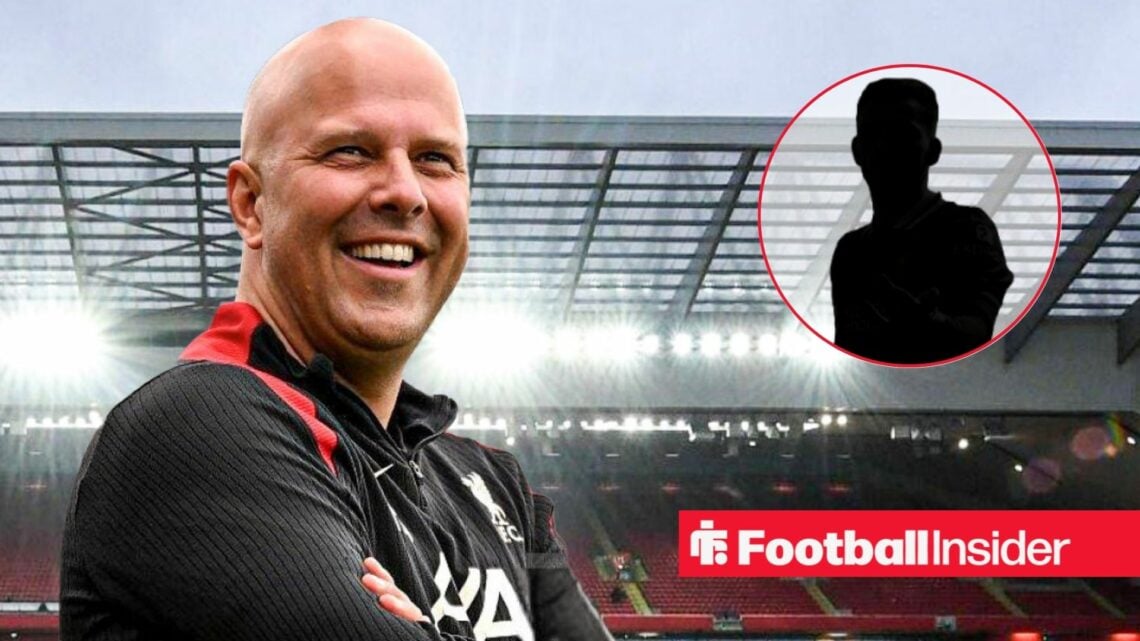 Arne Slot smiling at Anfield, Andy Robertson's silhouette in a circular inset