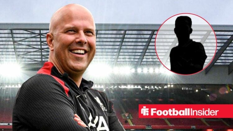 Arne Slot smiling at Anfield, Andy Robertson's silhouette in a circular inset