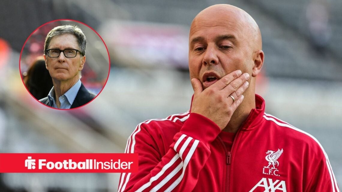 Arne Slot on the sidelines in a Liverpool tracksuit, with John Henry in a circular inset