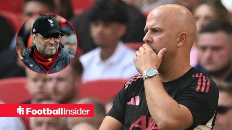 Arne Slot on the sidelines, Jurgen Klopp in a circular inset