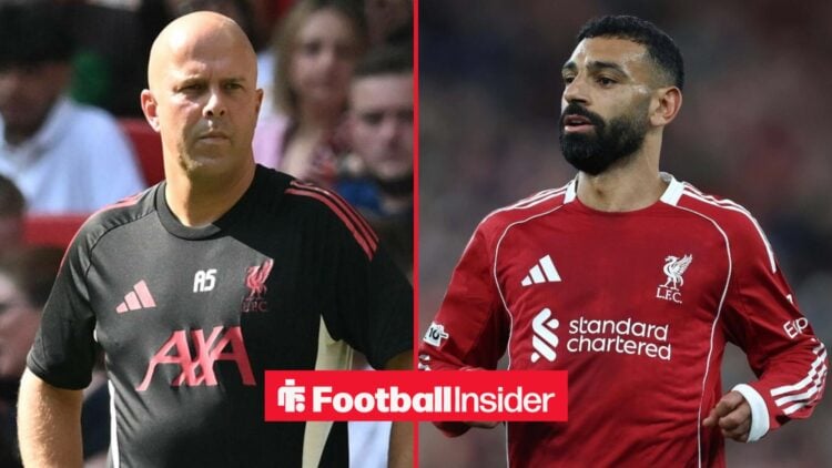 Arne Slot looking concerned alongside Mohamed Salah in a Liverpool shirt