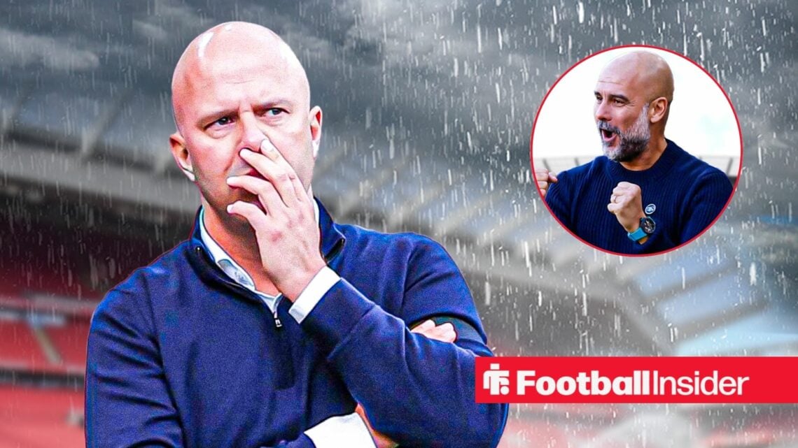 Arne Slot in the rain at Anfield, with Pep Guardiola in a circular inset