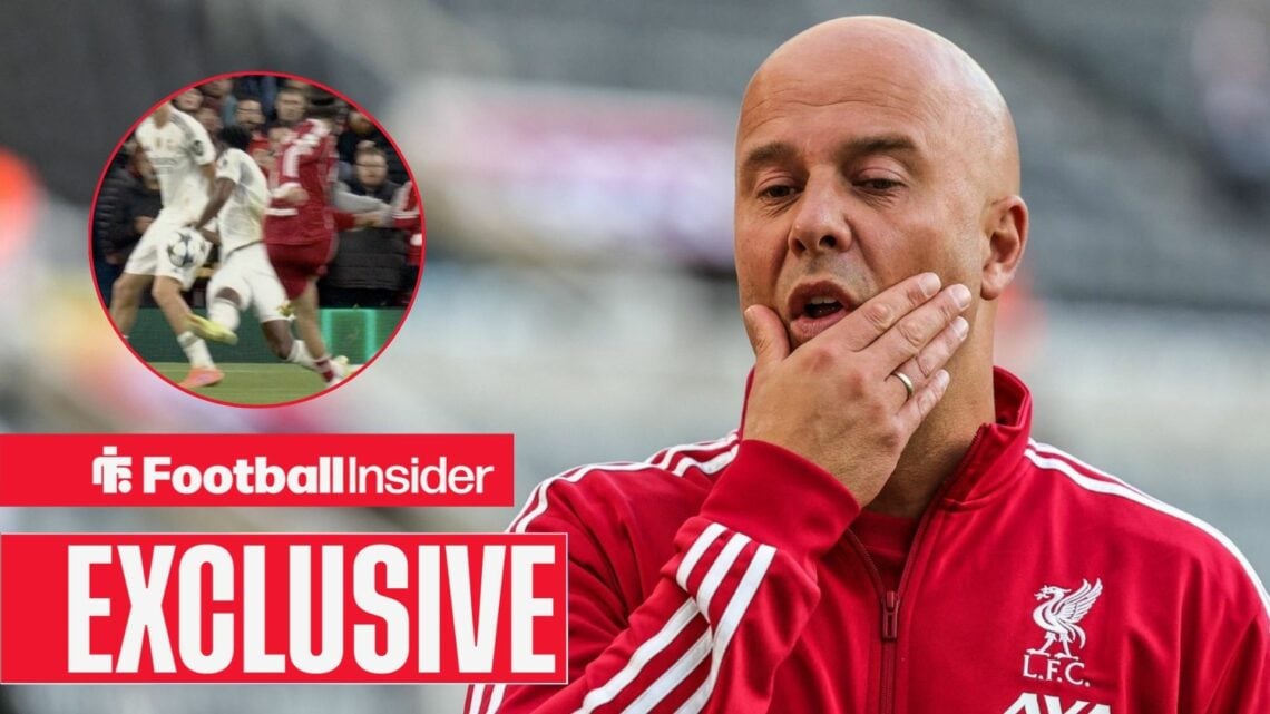 Arne Slot on the sidelines, Aurelien Tchouameni's handball in a circular inset