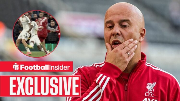 Arne Slot on the sidelines, Aurelien Tchouameni's handball in a circular inset