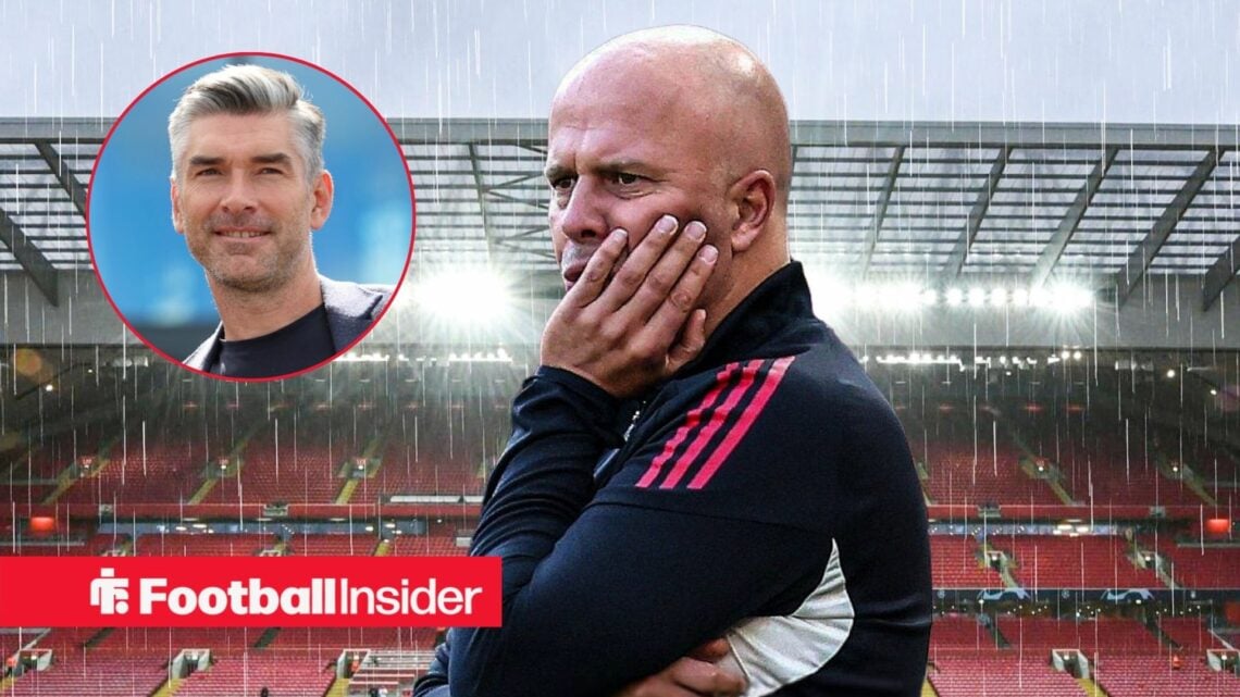 Arne Slot looking upset with Richard Hughes included in a circular inset