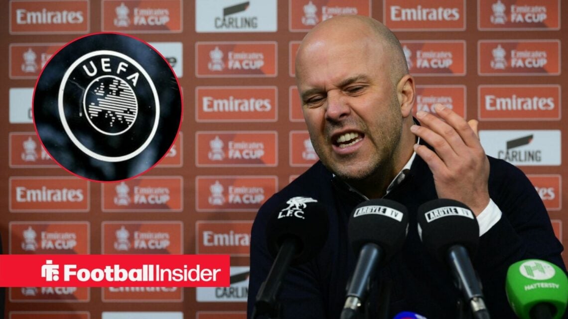 Liverpool manager Arne Slot looking angry in a press conference, as the UEFA logo features in a circular inset.