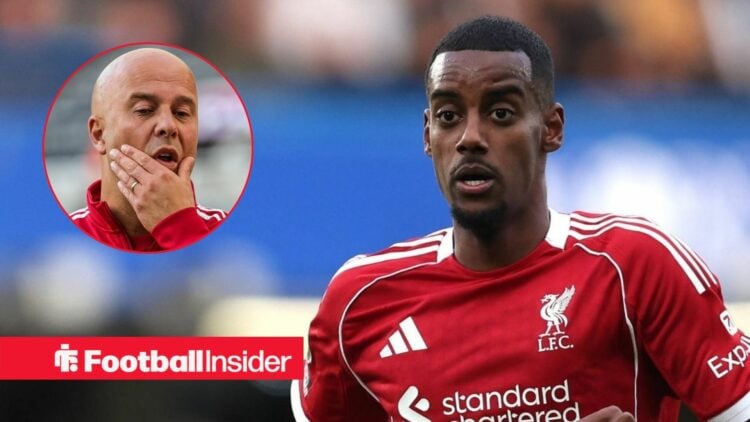 Arne Slot looking puzzled on the left with Alexander Isak focused on the right