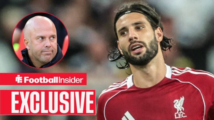 Arne Slot looking sheepish on the left with Dominik Szoboszlai looking focused on the right for Liverpool