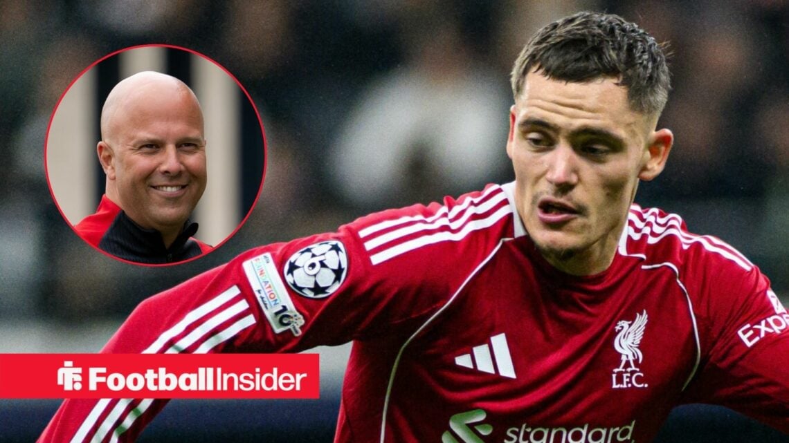 Arne Slot smiling on the left with Florian Wirtz focused for Liverpool on the right