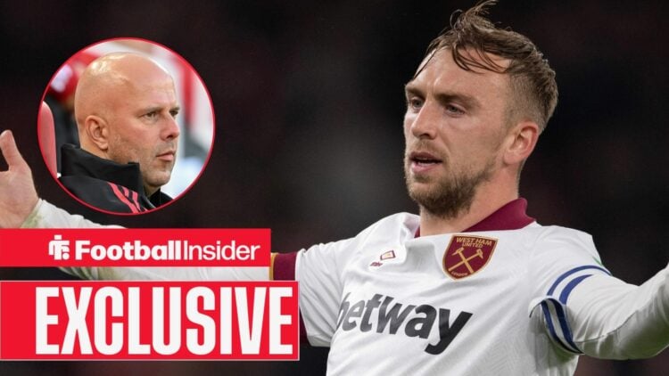 Arne Slot looking serious on the left with Jarrod Bowen with his arms wide open on the right