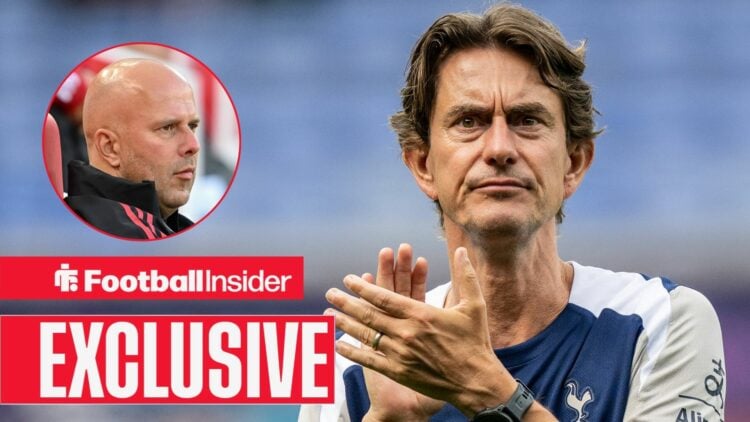 Arne Slot looking serious on the left with Thomas Frank clapping on the right for Tottenham