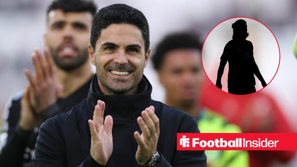 Mikel Arteta clapping with Arsenal's Riccardo Calafiori blacked out inset