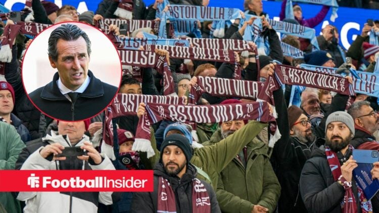 Aston Villa fans hold scarves aloft as manager Unai Emery looks concerned in a circular inset.