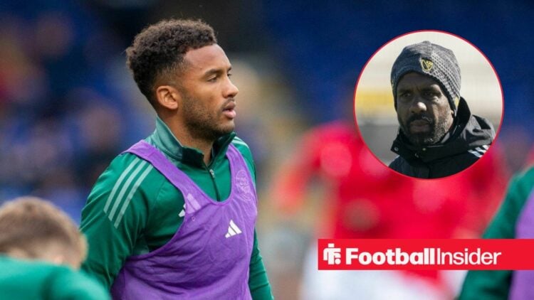 Auston Trusty looking focused for Celtic warming up with a serious Wilfried Nancy on the right
