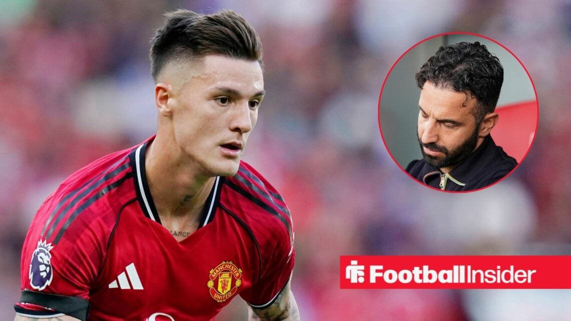 Benjamin Sesko looking focused for Man United with a disappointed Ruben Amorim on the right