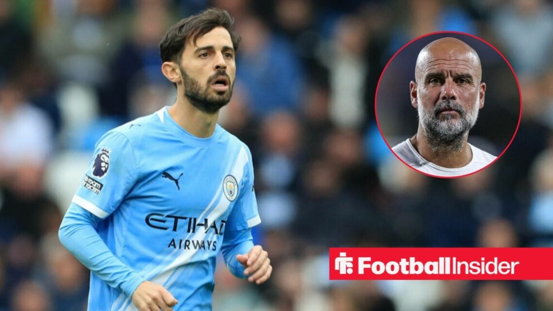Bernardo Silva in action during a game for Manchester City, as manager Pep Guardiola looks concerned in a circular inset.