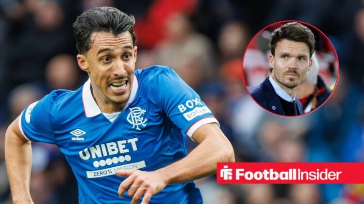 Bojan Miovski playing for Rangers, Danny Rohl in a circular inset