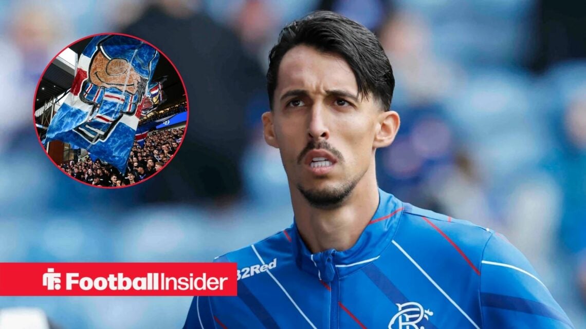 Rangers star Bojan Miovski warms up for a game, as fans wave a giant flag in a circular inset.