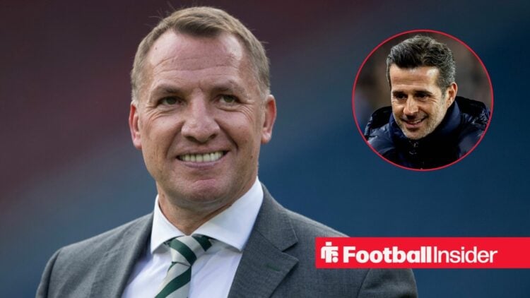 Brendan Rodgers on the sidelines at Celtic, with Marco Silva in a circular inset