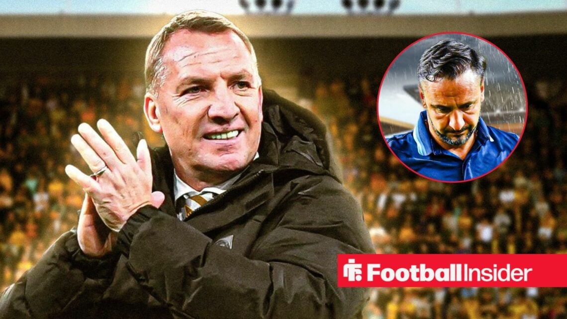 Brendan Rodgers applauding at Molineux, with Vitor Pereira in a circular inset