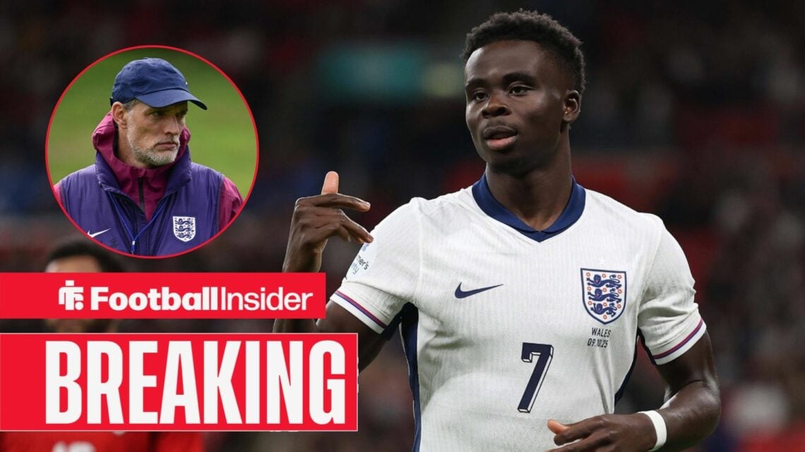 England winger Bukayo Saka, alongside a circular inset of Thomas Tuchel