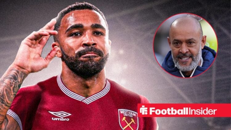 Callum Wilson saluting on the left for West Ham with Nuno Espirito Santo on the right smiling