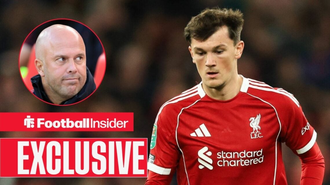 Arne Slot looking concerned on the left with Calvin Ramsay focused for Liverpool on the right