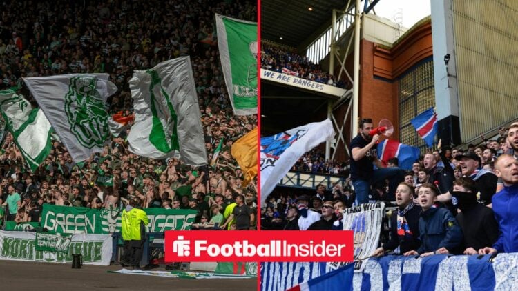 A split image featuring Celtic fans in the left half, and Ranegrs fans in the right half.