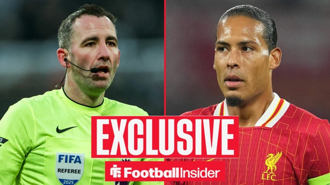 Referee Chris Kavanagh alongside Liverpool captain Virgil van Dijk