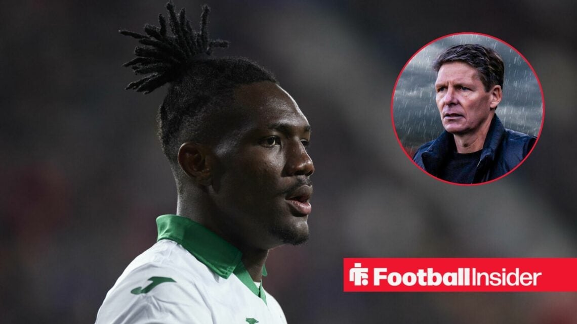 Christantus Uche in action during a game, as Crystal Palace manager Oliver Glasner stands in the rain in a circular inset.