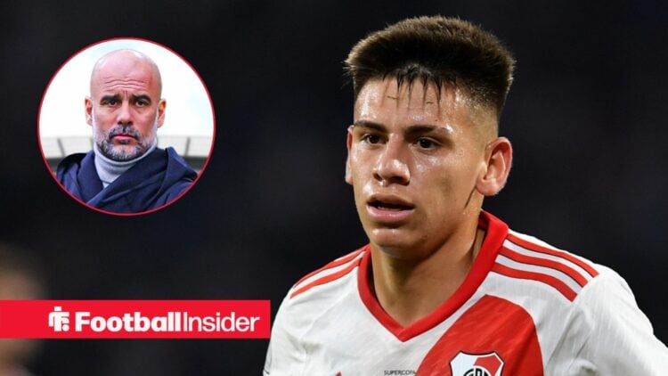 Claudio Echeverri in action for River Plate, with Pep Guardiola in a circular inset