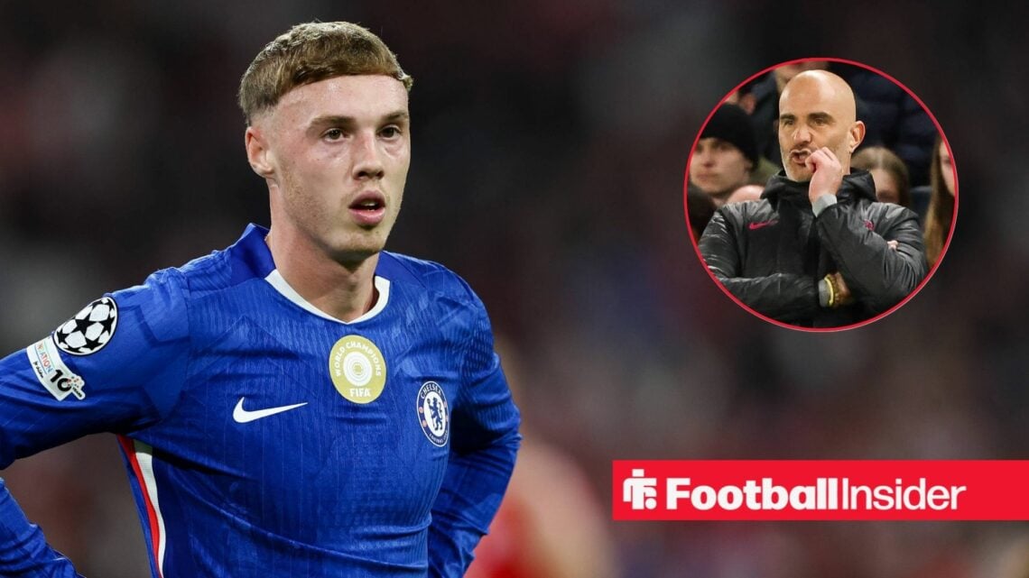 Cole Palmer playing for Chelsea, Enzo Maresca in a circular inset
