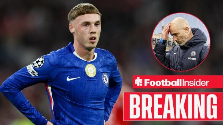 Breaking news as Chelsea star Cole Palmer stands with his hands on. his hips, as manager Enzo Maresca has his head in his hands.