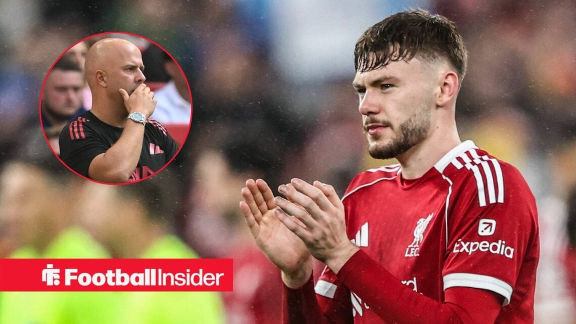 Conor Bradley clapping, Arne Slot in a circular inset