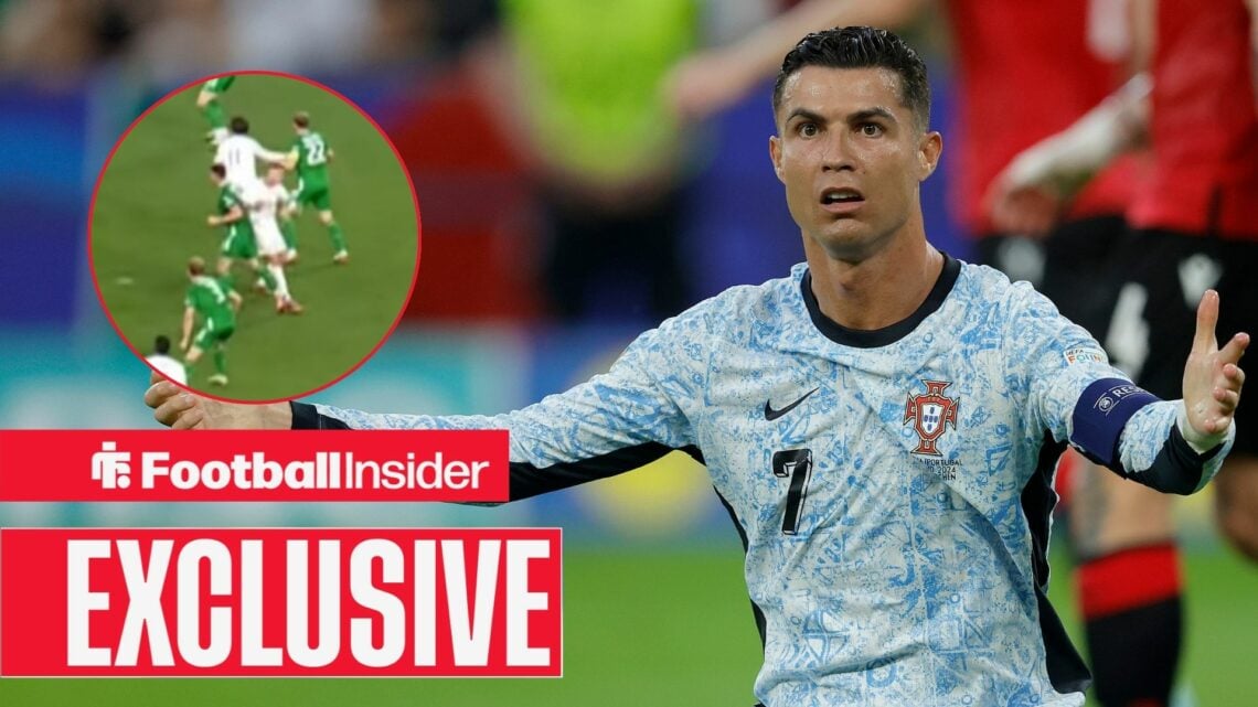 Cristiano Ronaldo complaining, Portugal star's red card challenge in a circular inset