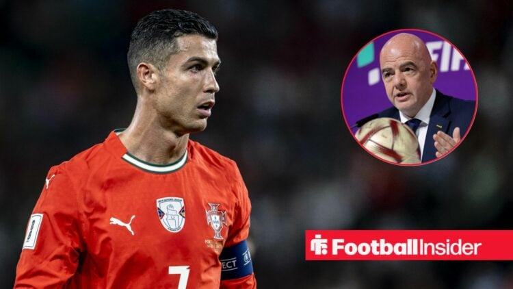 Cristiano Ronaldo playing for Portugal, Gianni Infantino in a circular inset